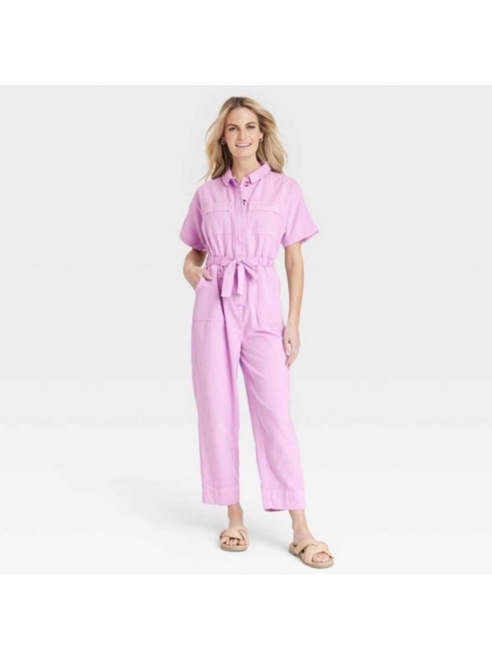 Universal Thread Lavender Pink Short-Sleeve Linen-Blend Jumpsuit 8